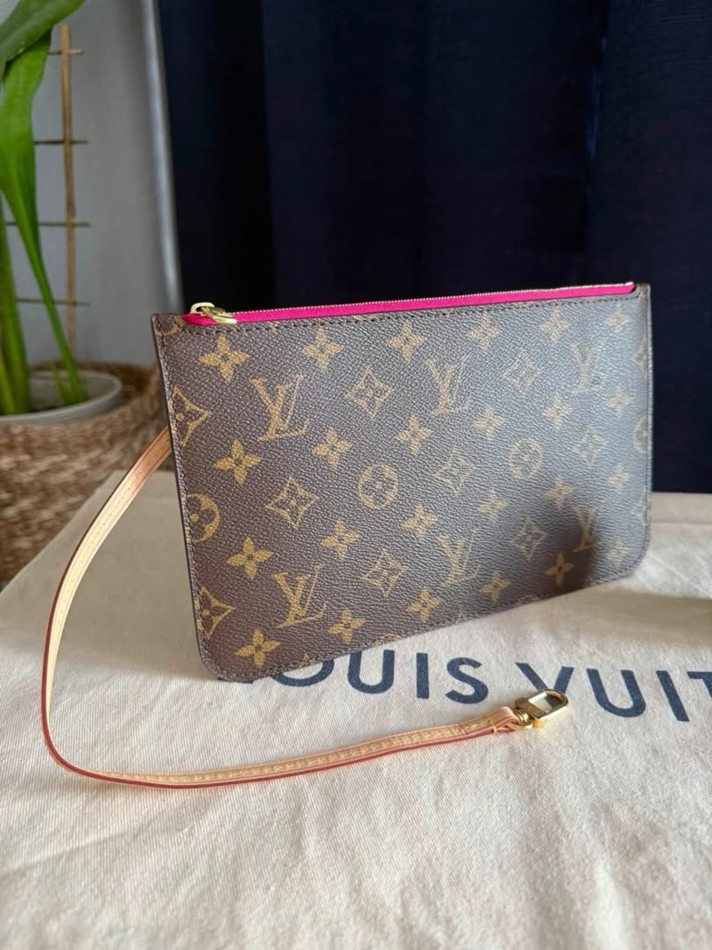 Louis Vuitton Monogram Canvas Wristlet with Pink Zip Trim
